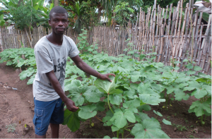 Standing man shows his vegetable patch