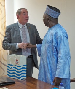 Professor D.D. Kuupole, vice-chancellor of the Univresity of Cape Coast in Ghana welcomes President Dooley Friday, April, 15, 2016. (credit: Patricia Mensah, SFMP/CRC)